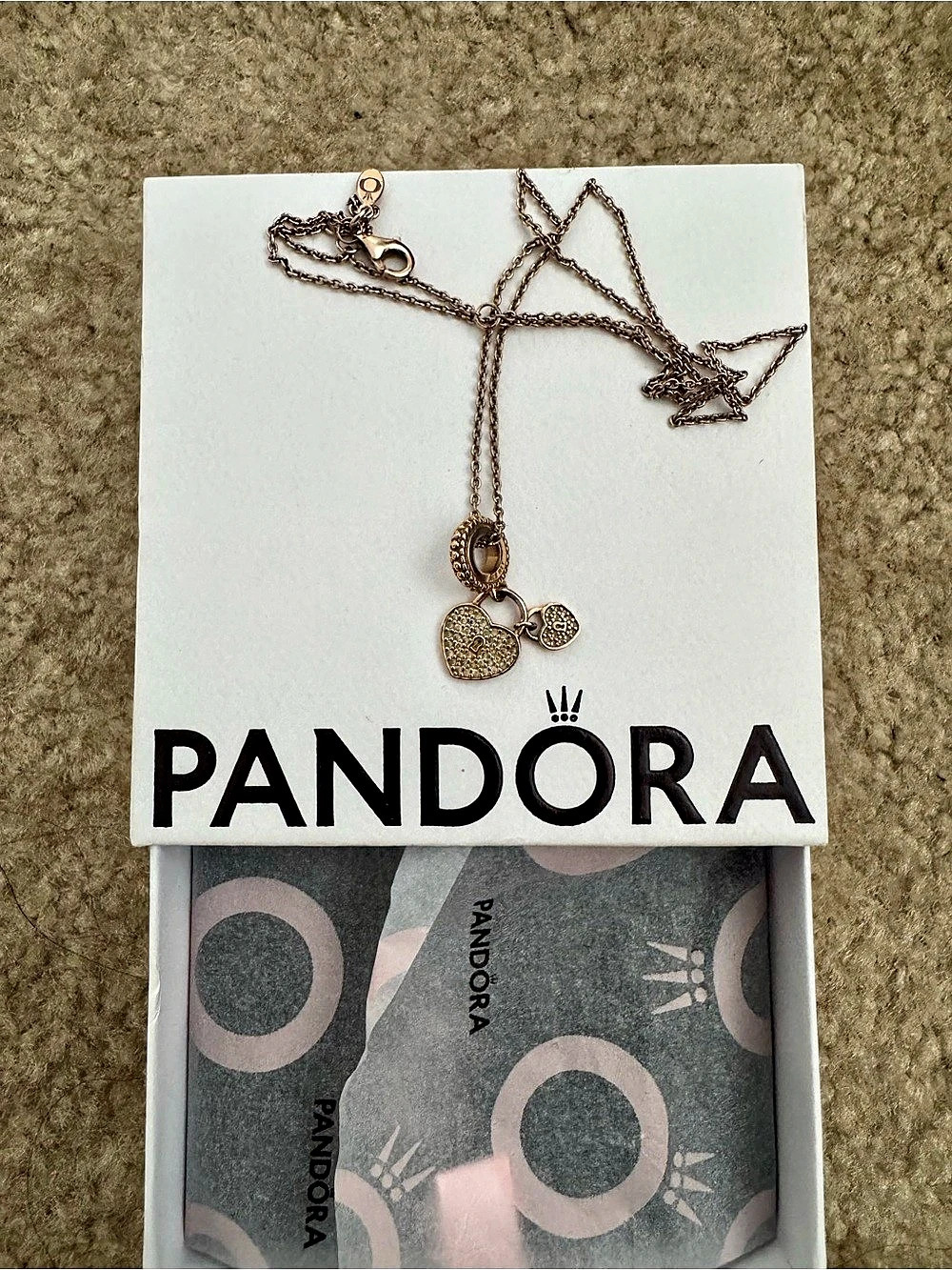 Pandora Heart Padlock Double Dangle Charm Pendant Necklace Gold